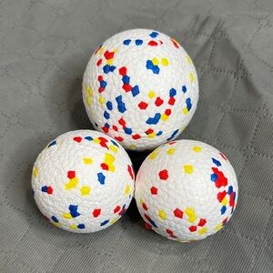 3 pack Vibrant Dog Play Balls with Red, Blue, and Yellow Accents 1 large 2 med
